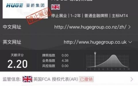 HUGE豪爵集团FCA牌照被撤销，已在国内停止展业，投资者出金无人受理