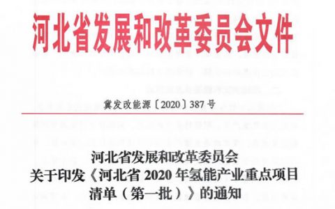 亿华通多个项目入选《河北省2020年氢能产业重点项目清单（第一批）》