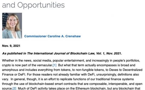 SEC委员：DeFi必须在遵守SEC规则的同时，解决透明度和假名问题