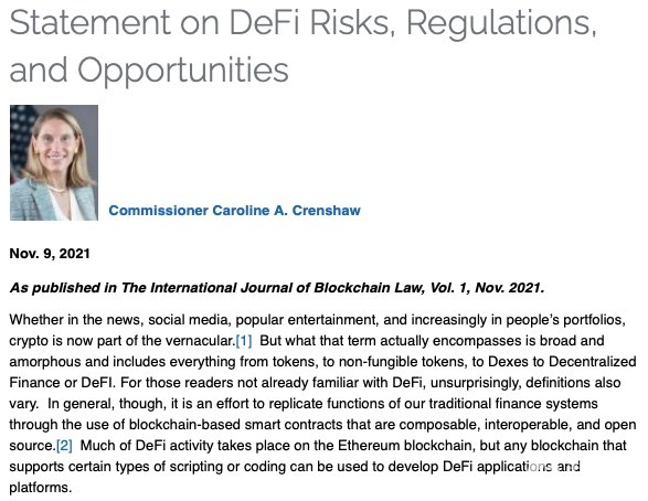 SEC委员：DeFi必须在遵守SEC规则的同时，解决透明度和假名问题