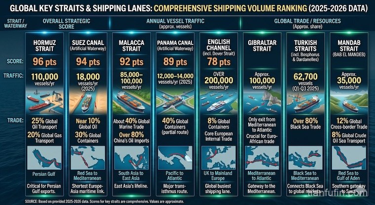全球关键海峡 / 水道航运量与战略地位对比（2025-2026）